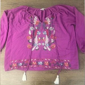 JODIFL Women’s Purple Embroidered 3/4 length Sleeve Blouse, size Medium